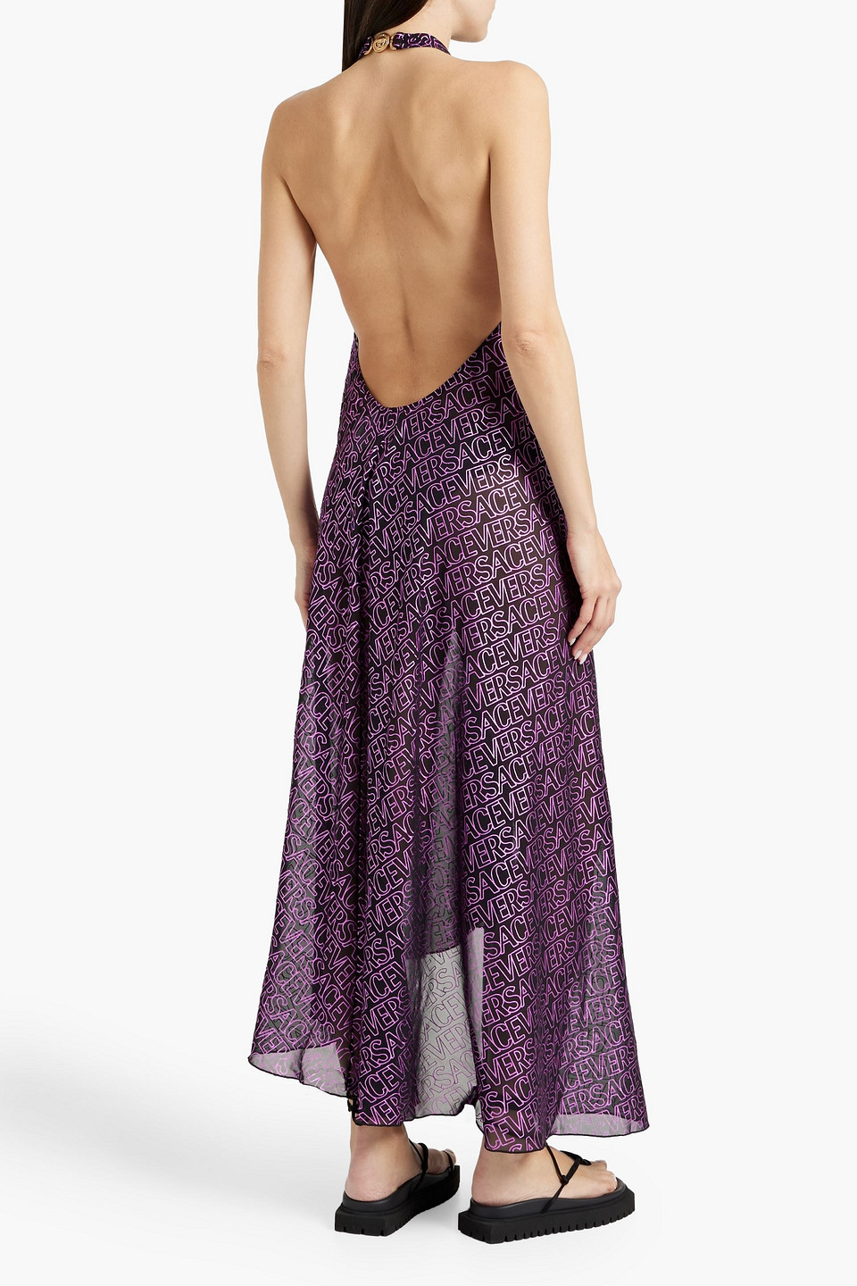 Shop Versace Metallic Logo-print Crepe Halterneck Dress In Purple