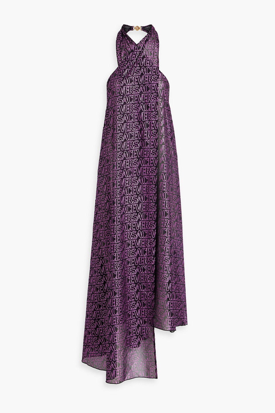 Versace Logo-print Metallic Crepe Maxi Dress In Purple