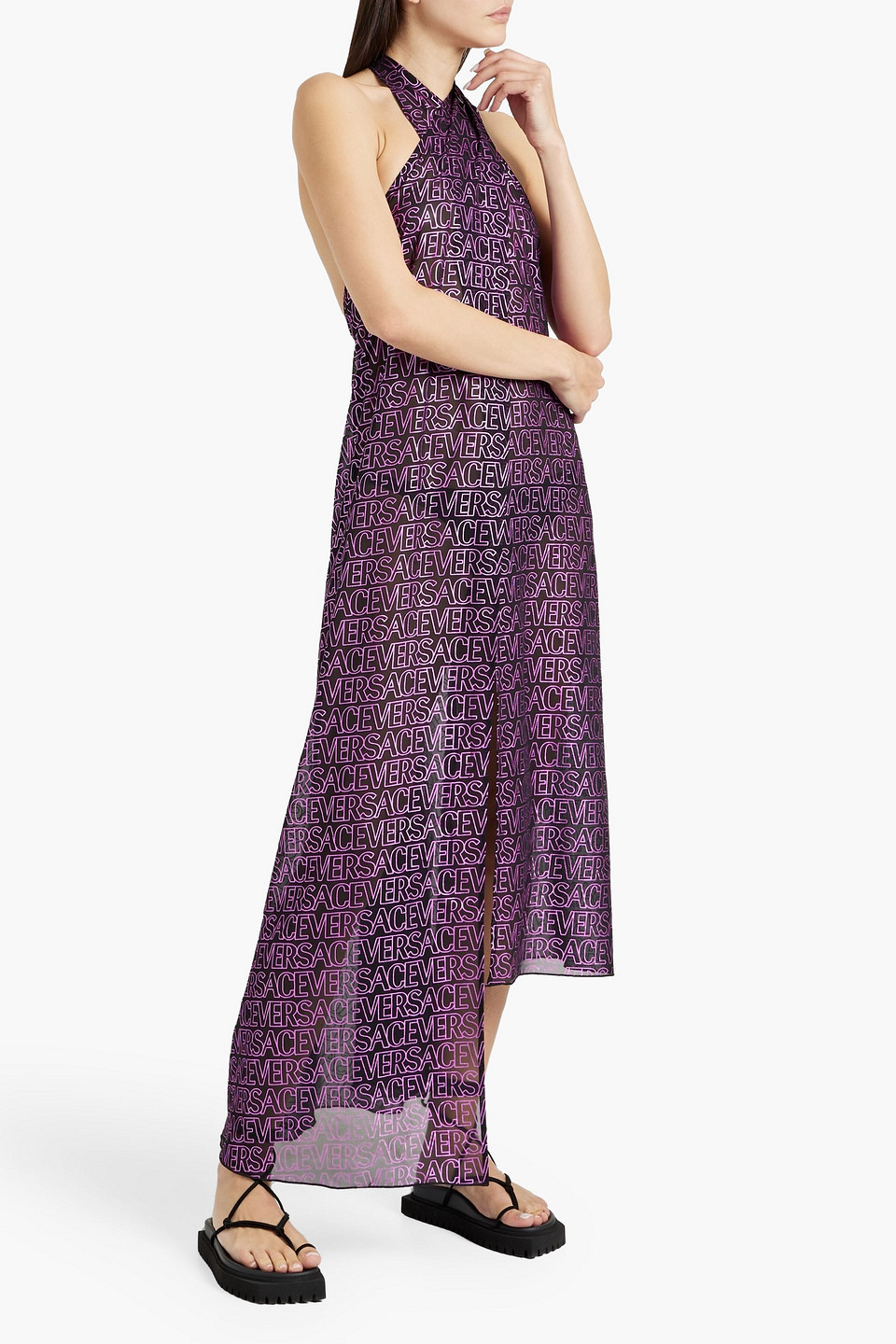 Shop Versace Metallic Logo-print Crepe Halterneck Dress In Purple