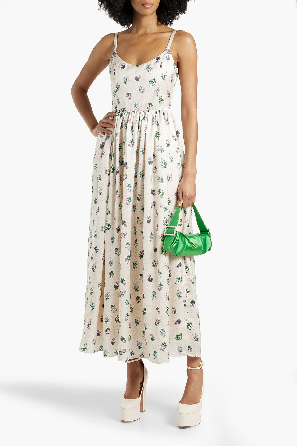 HVN FLORENCE GATHERED PRINTED SATIN MAXI DRESS