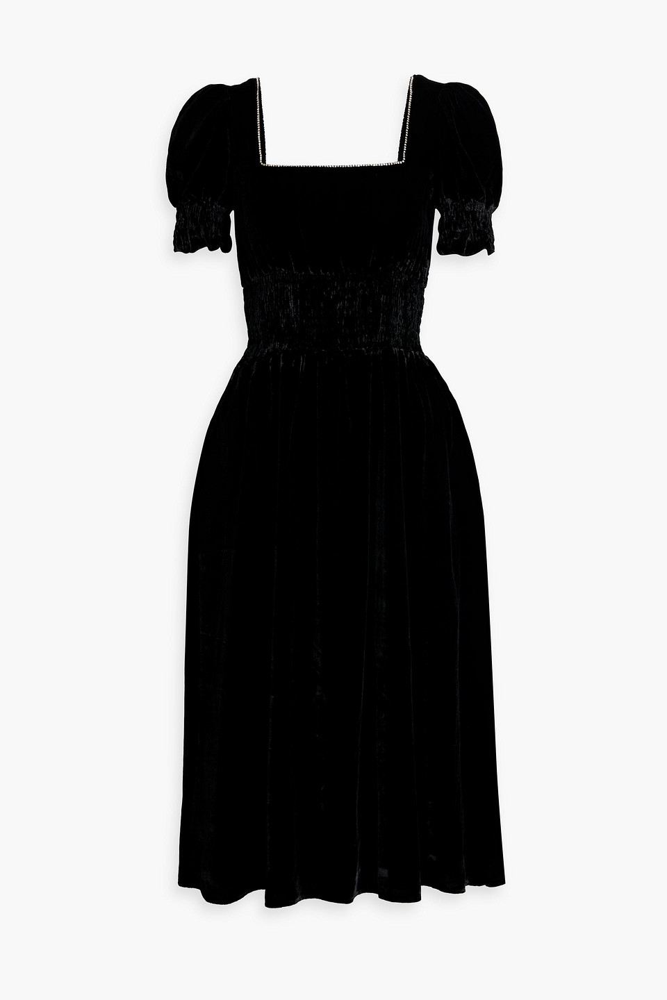 Hvn Shirred Crystal-embellished Velvet Midi Dress In Black