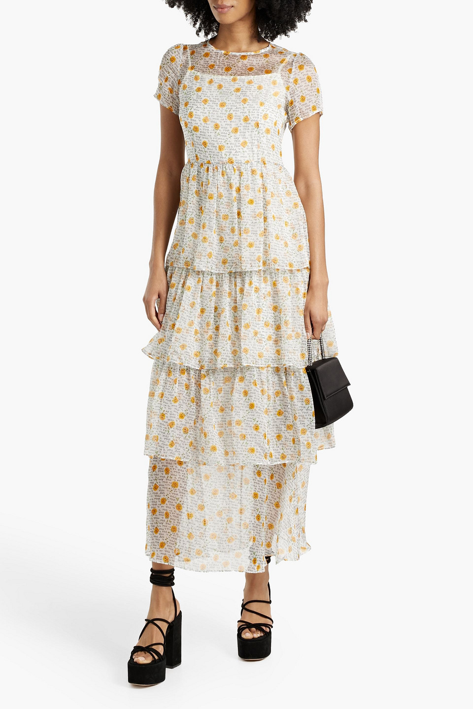 Shop Hvn Brynn Tiered Printed Georgette Maxi Dress In Yellow