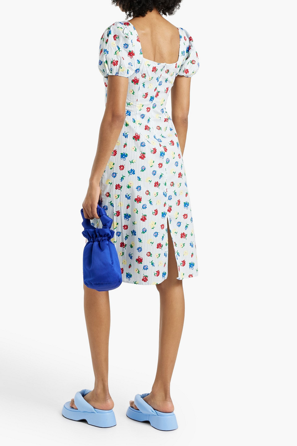 Shop Hvn Nadia Printed Cotton-blend Poplin Dress In Light Blue