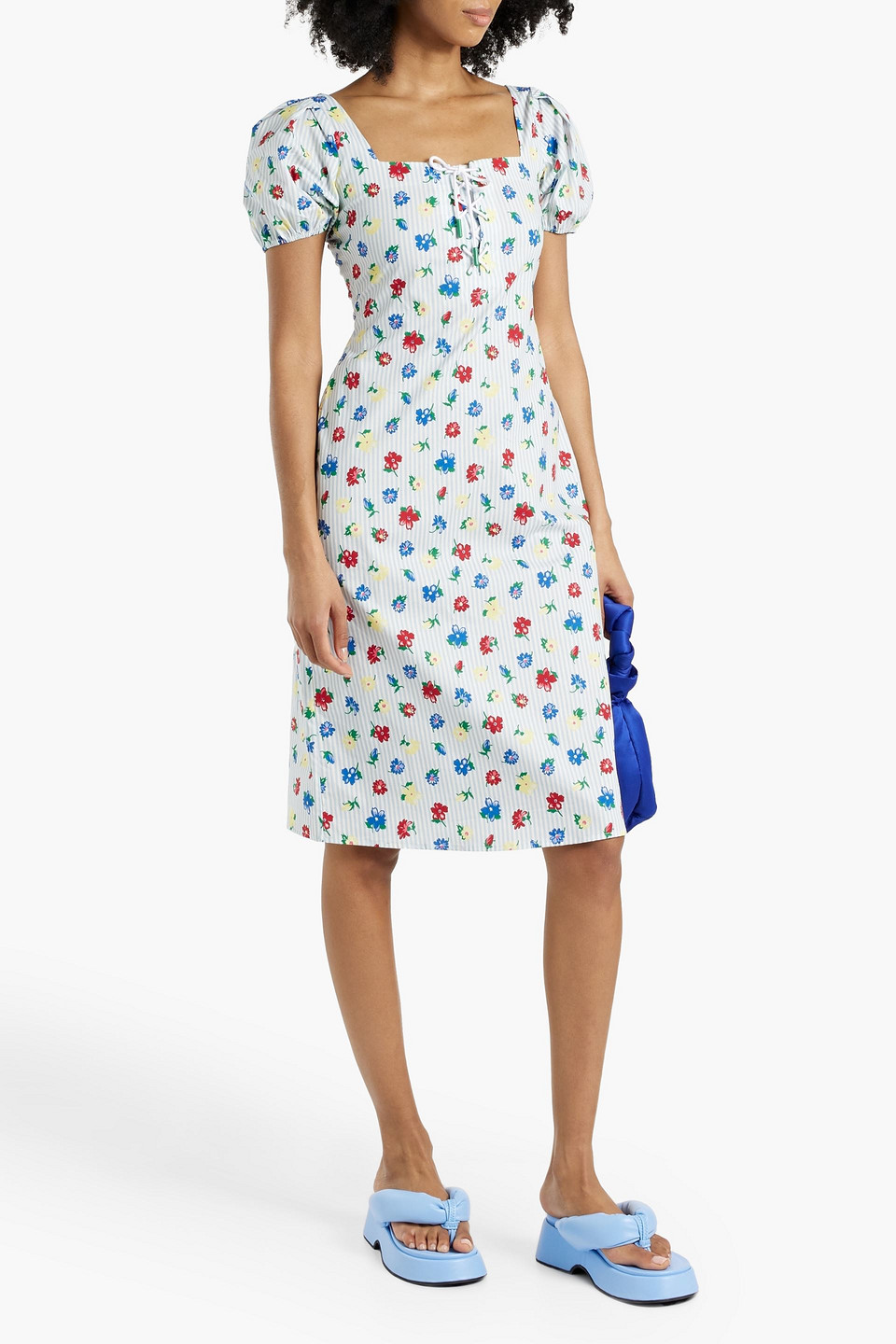 Shop Hvn Nadia Printed Cotton-blend Poplin Dress In Light Blue