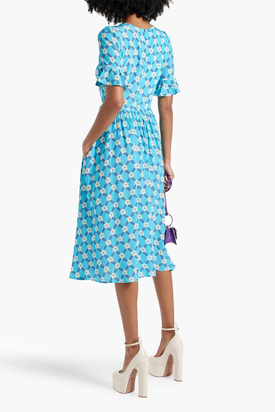 Shop Hvn Willow Gathered Printed Crepe Dress In Azure