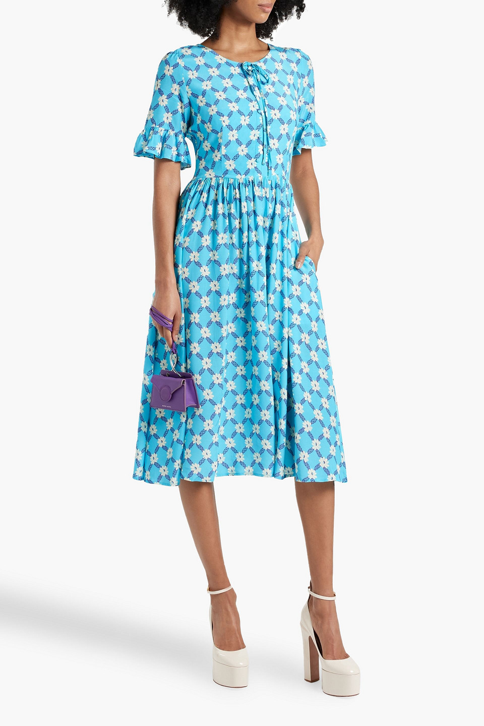 Shop Hvn Willow Gathered Printed Crepe Dress In Azure