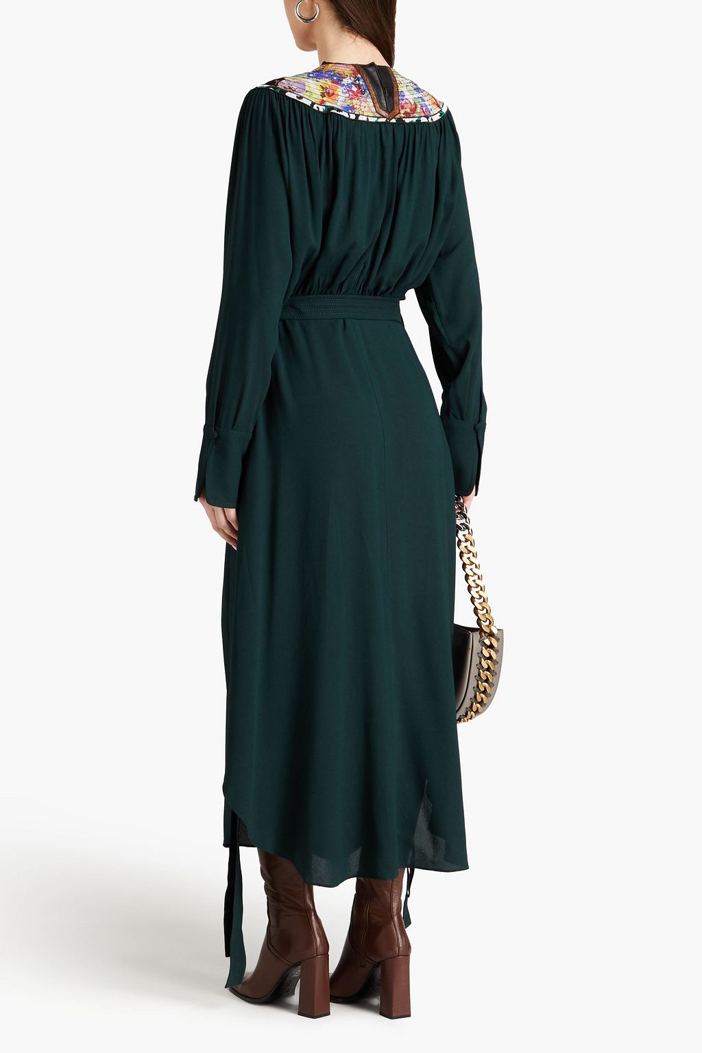 STELLA MCCARTNEY クレープ ミディワンピース フェイクレザートリム ギャザー入り