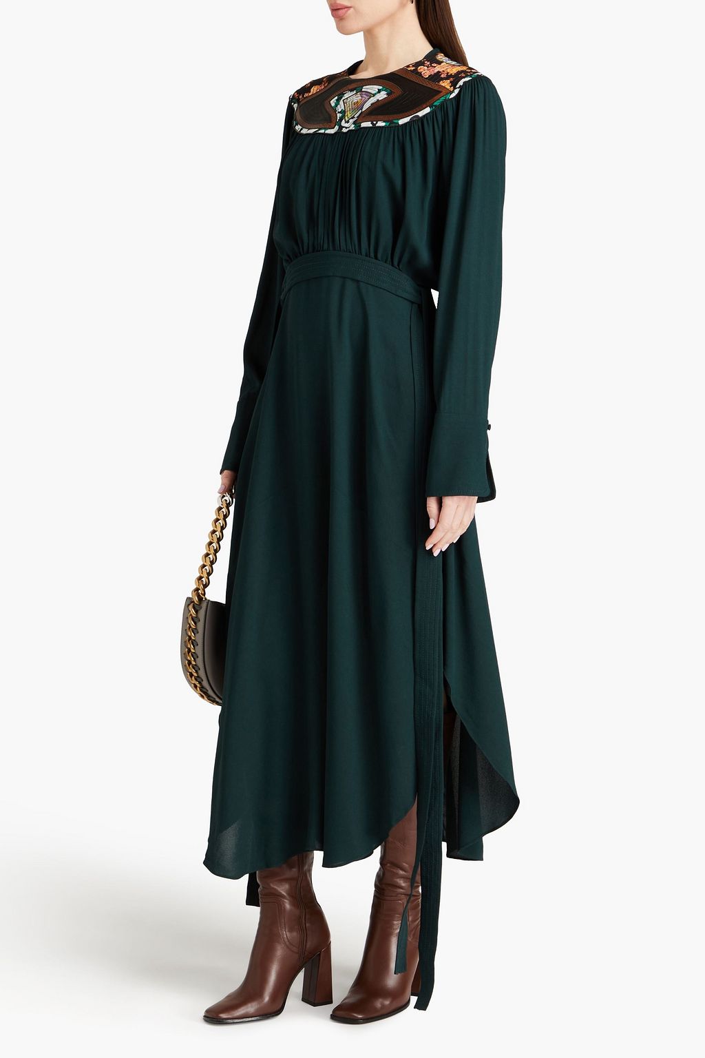 STELLA MCCARTNEY クレープ ミディワンピース フェイクレザートリム ギャザー入り