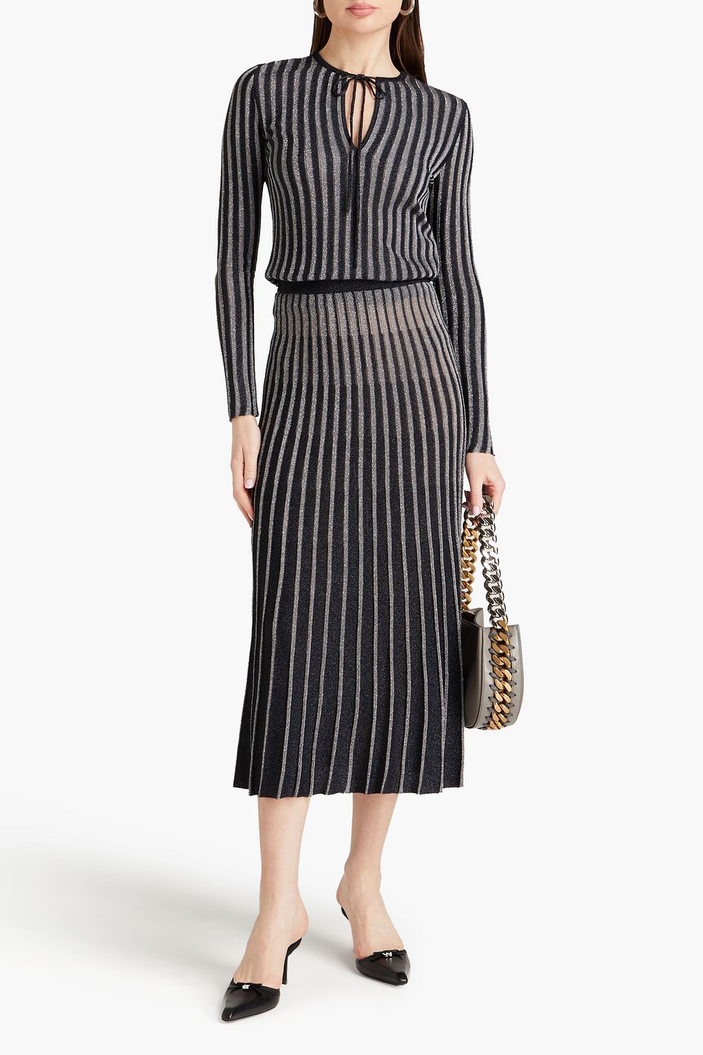 STELLA MCCARTNEY 메탈릭 리브 니트 미디 스커트