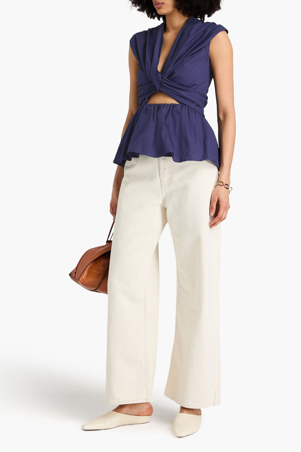 Tove Leila Twist-front Cutout Cotton-poplin Top In Navy