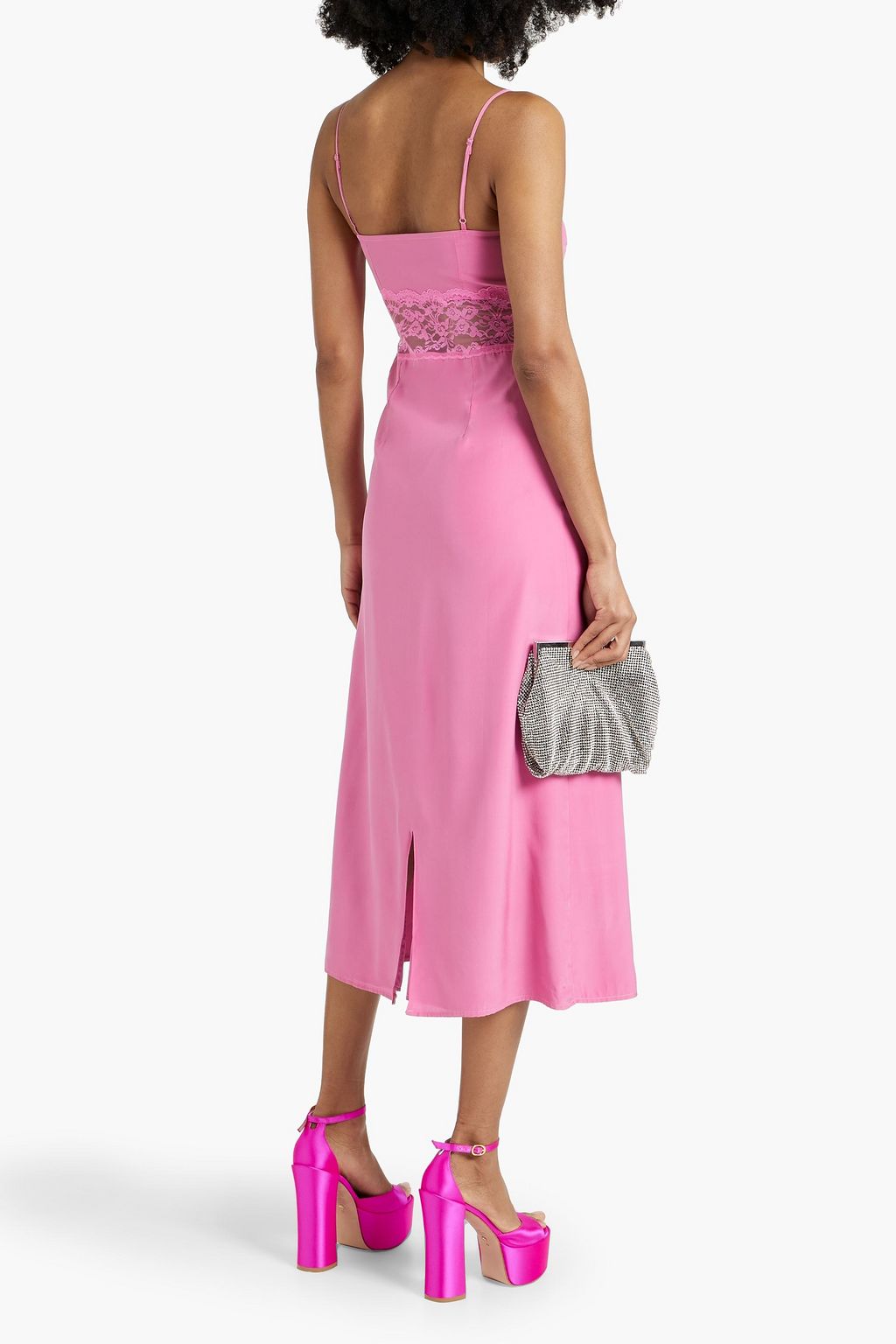 HVN Chrissy lace-trimmed silk crepe de chine midi dress