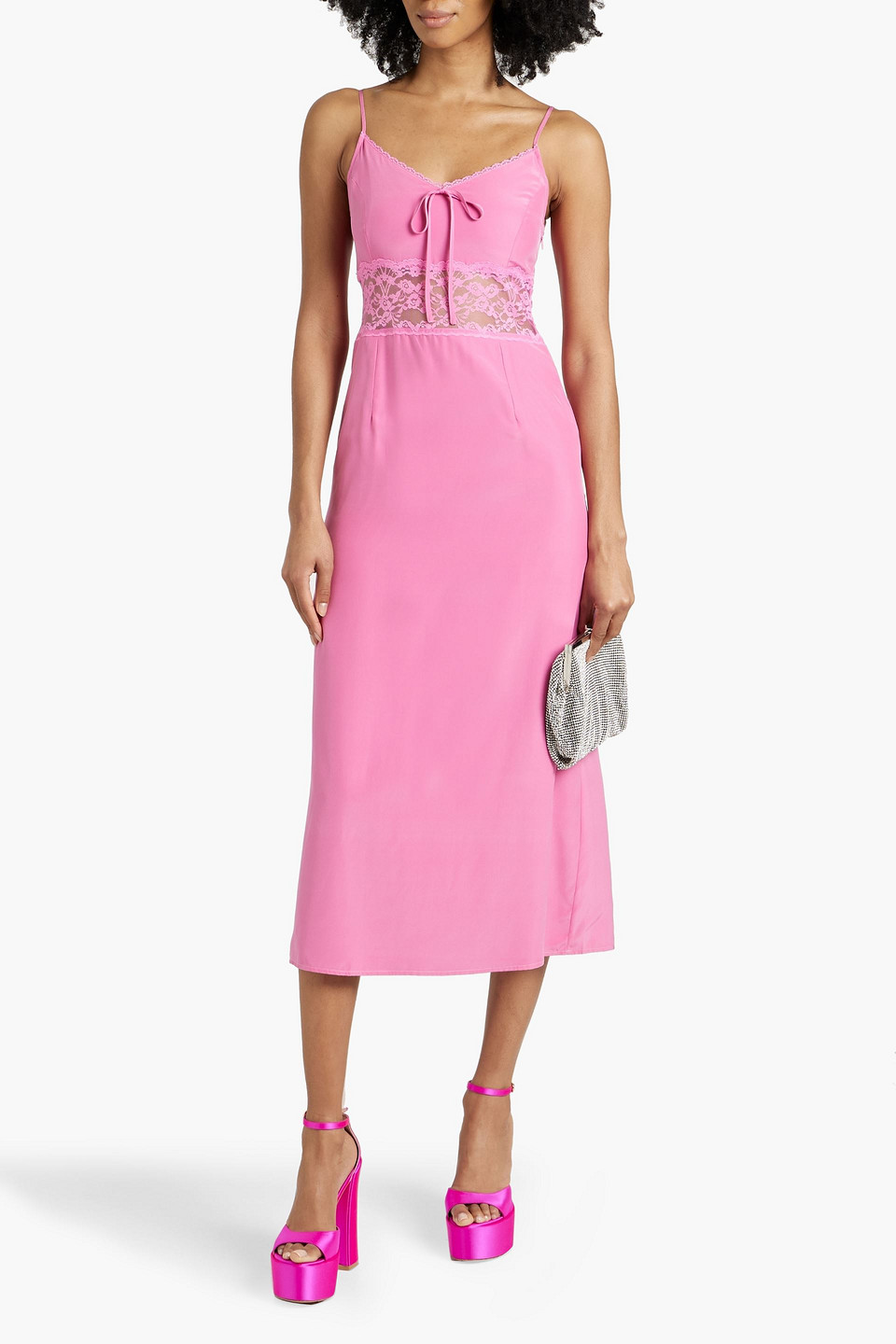 Shop Hvn Chrissy Lace-trimmed Silk Crepe De Chine Midi Dress In Pink