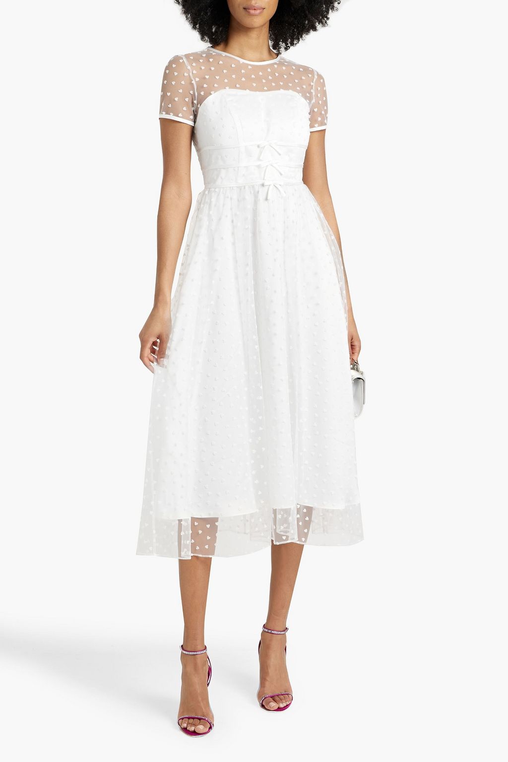 HVN Scarlett bow-detailed flocked tulle midi dress