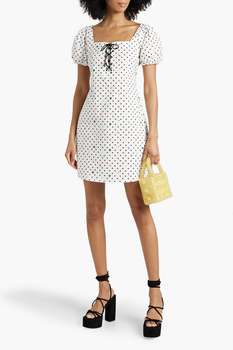 HVN NADIA LACE-UP PRINTED COTTON-BLEND POPLIN MINI DRESS