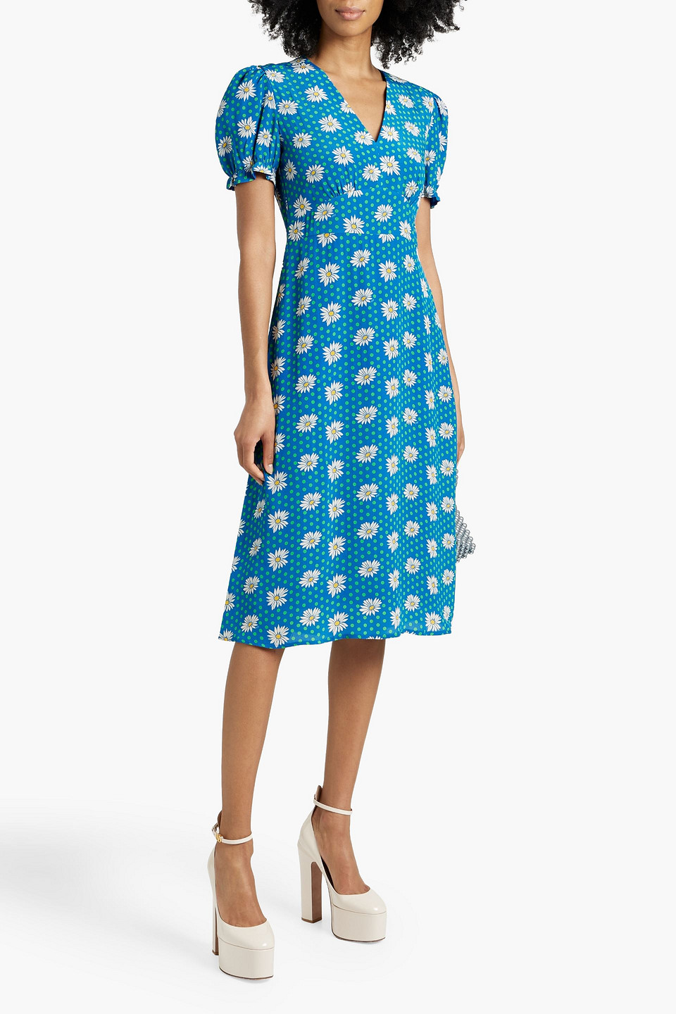 Shop Hvn Paula Printed Crepe De Chine Dress In Cobalt Blue