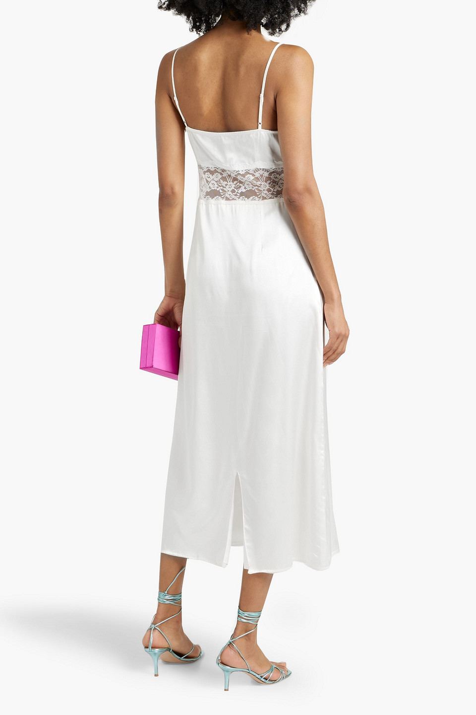 HVN CHRISSY LACE-PANELED SILK-SATIN MIDI DRESS