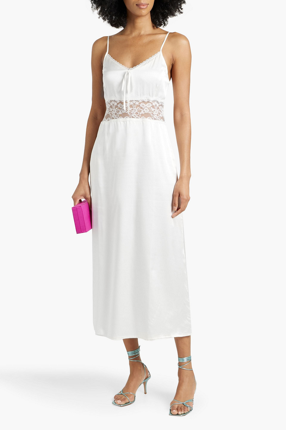 Shop Hvn Chrissy Lace-paneled Silk-satin Midi Dress In Ivory