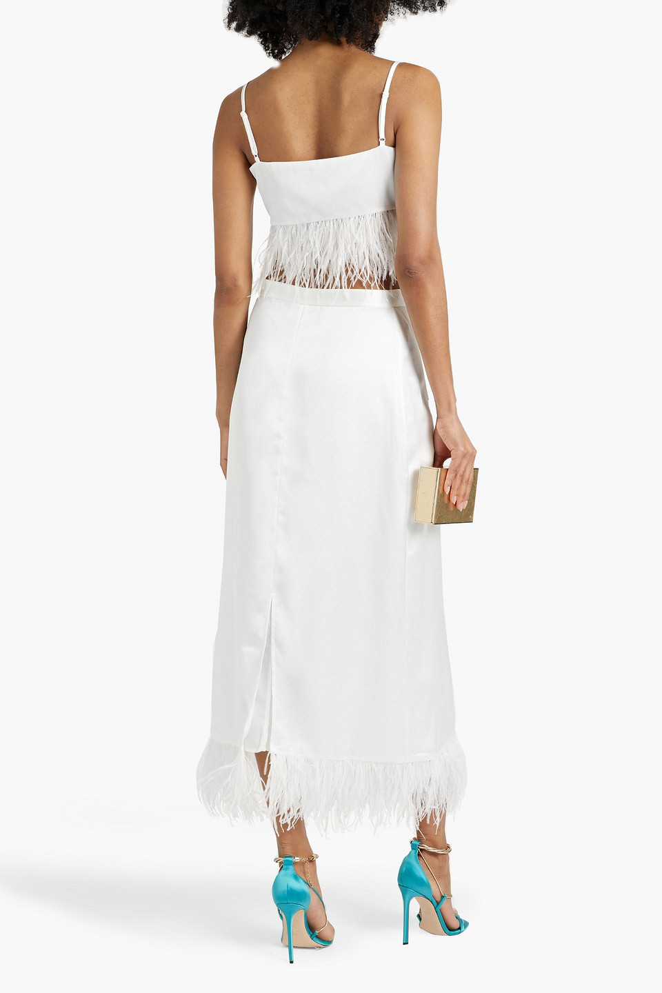 HVN AFFIE FEATHER-TRIMMED SATIN-CREPE TOP AND SKIRT SET