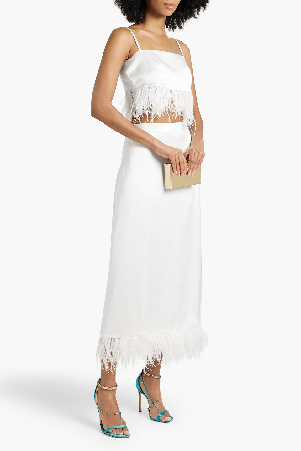HVN AFFIE FEATHER-TRIMMED SATIN-CREPE TOP AND SKIRT SET