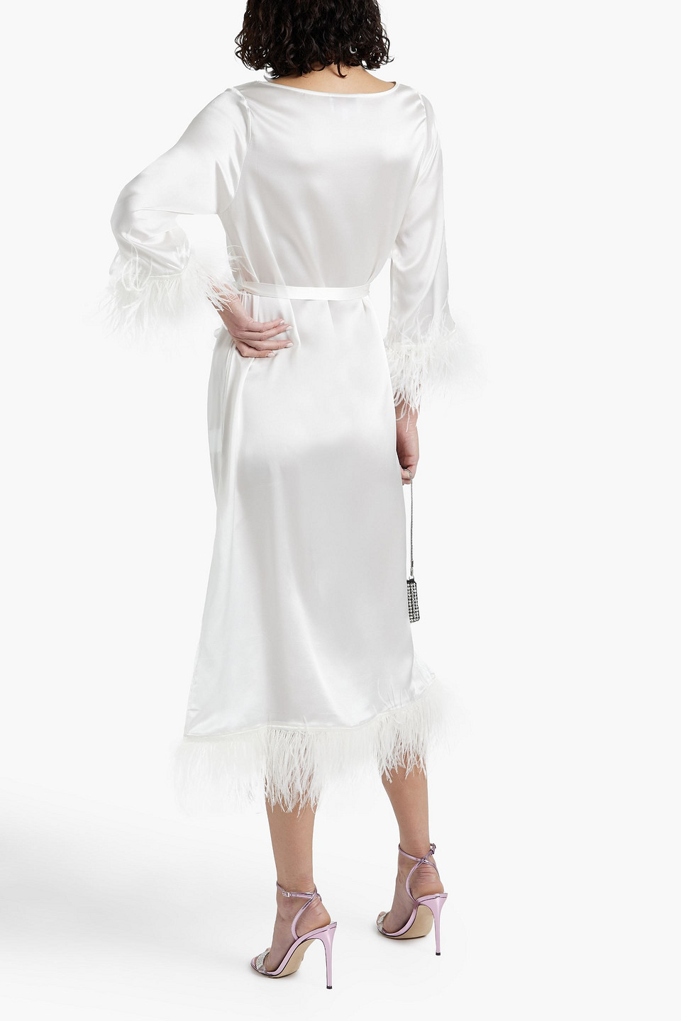 HVN ANDREA FEATHER-TRIMMED SILK-SATIN MIDI DRESS