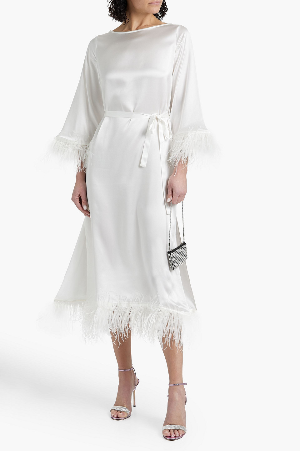 HVN ANDREA FEATHER-TRIMMED SILK-SATIN MIDI DRESS