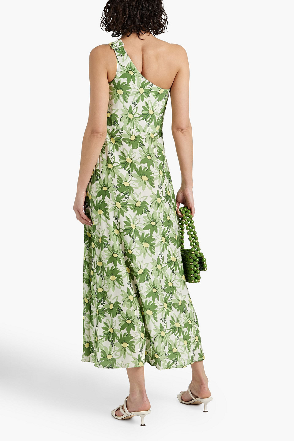 Shop Hvn Elena One-shoulder Floral-print Crepe Maxi Dress In Leaf Green