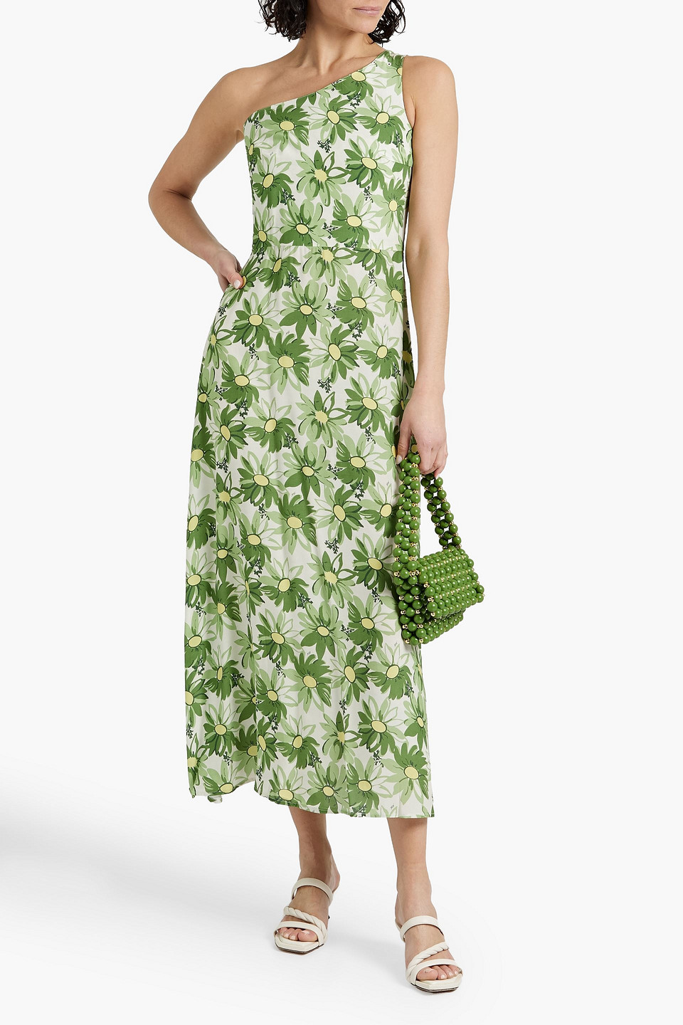 Shop Hvn Elena One-shoulder Floral-print Crepe Maxi Dress In Leaf Green