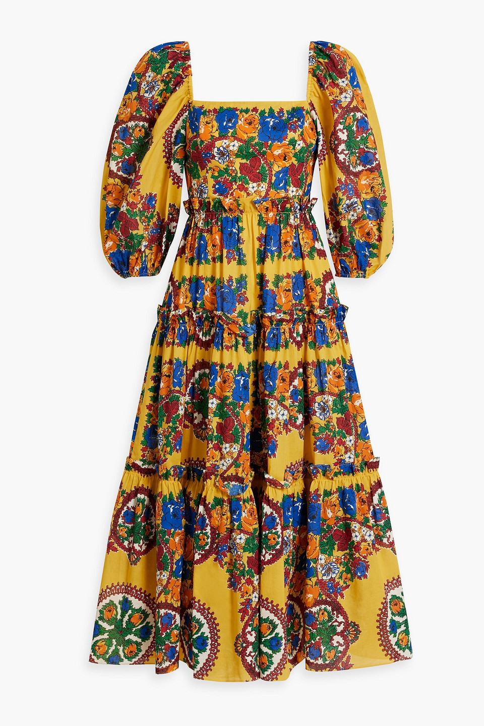 Cara Cara Oriana Tiered Floral-print Cotton Midi Dress In Yellow