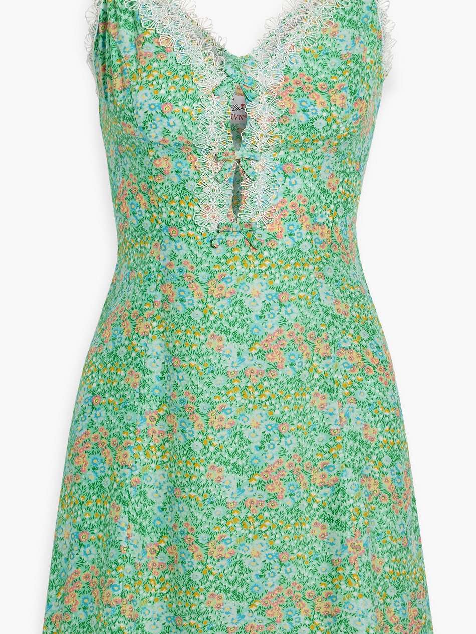 ari lace-trimmed printed silk-satin mini dress