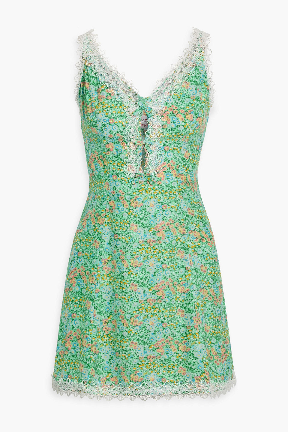 Hvn Ari Lace-trimmed Printed Silk-satin Mini Dress In Mint