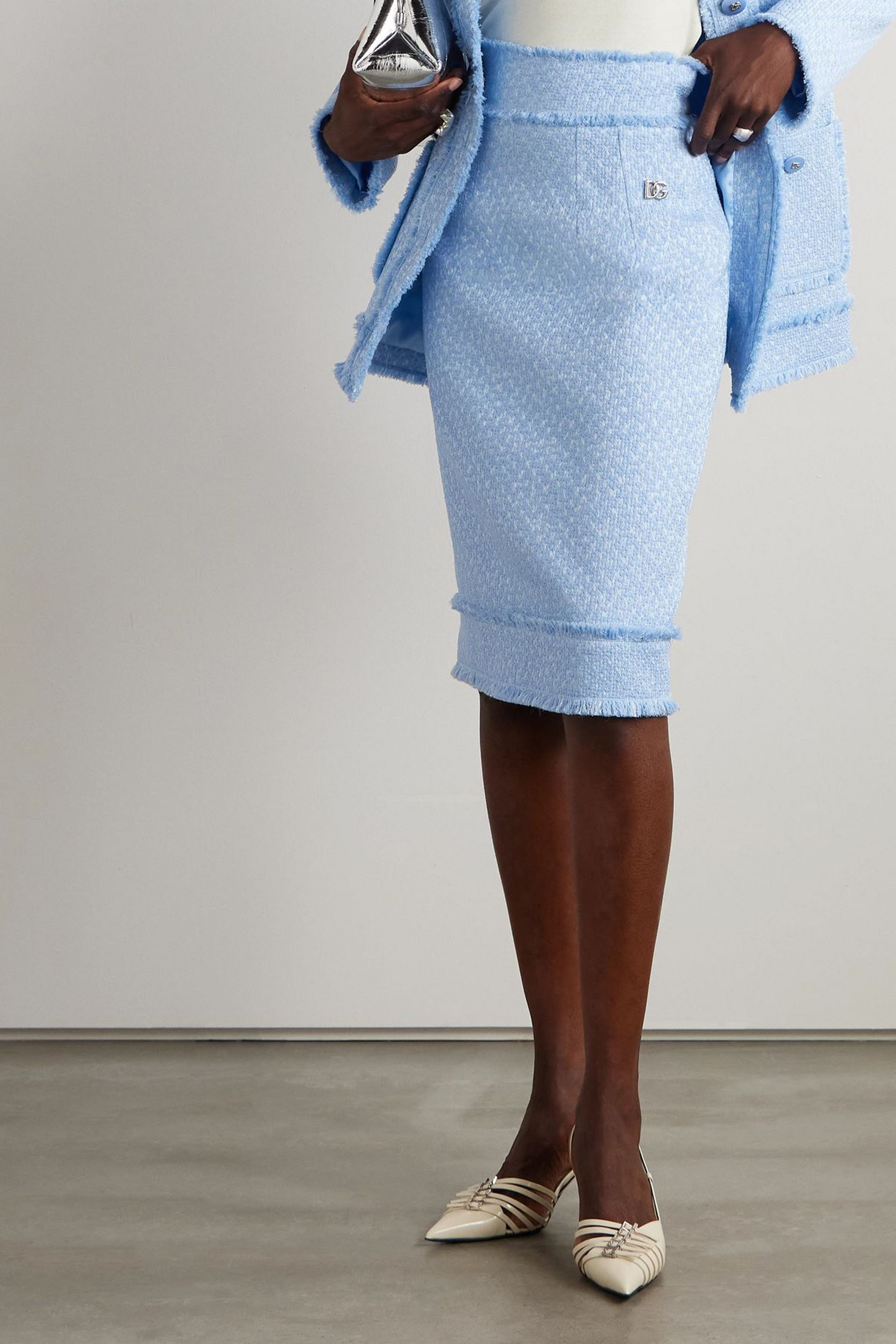 Dolce&Gabbana Frayed wool-blend tweed midi skirt