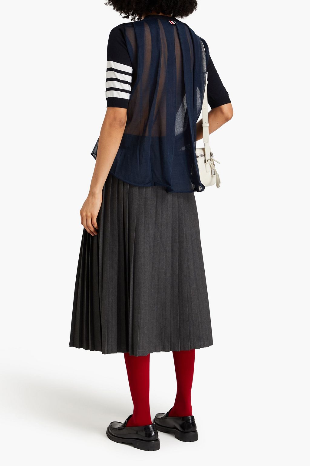 THOM BROWNE Knit-paneled pleated silk-blend top