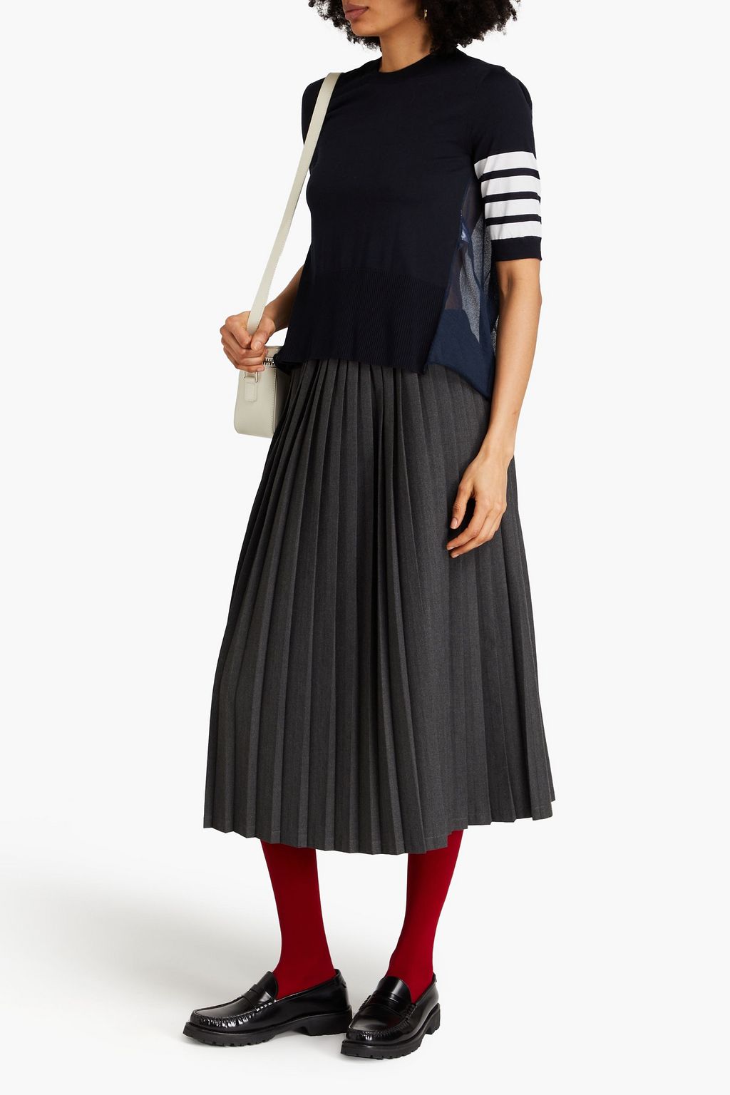THOM BROWNE Knit-paneled pleated silk-blend top