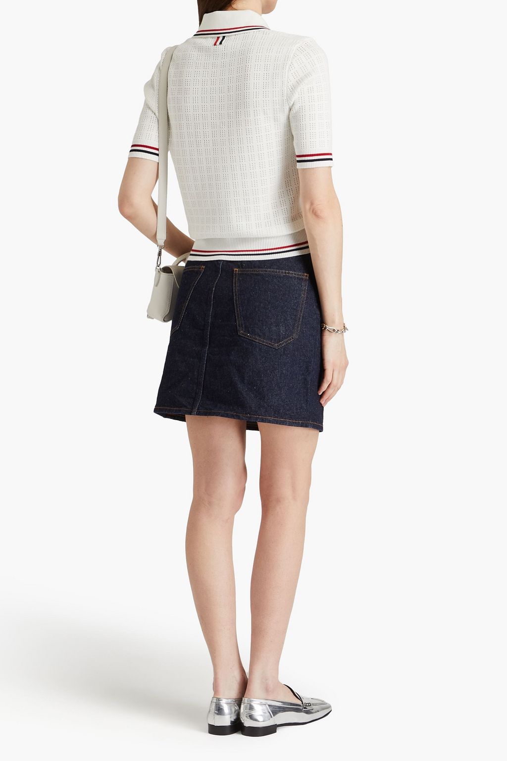 THOM BROWNE Pussy-bow pointelle-knit cotton polo sweater