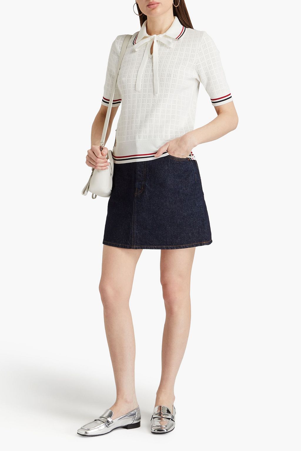 THOM BROWNE Pussy-bow pointelle-knit cotton polo sweater