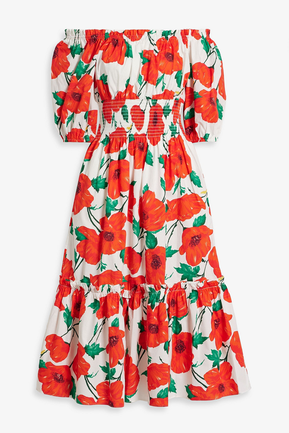 CARA CARA - Off-the-shoulder floral-print cotton-poplin midi dress - Red - XS