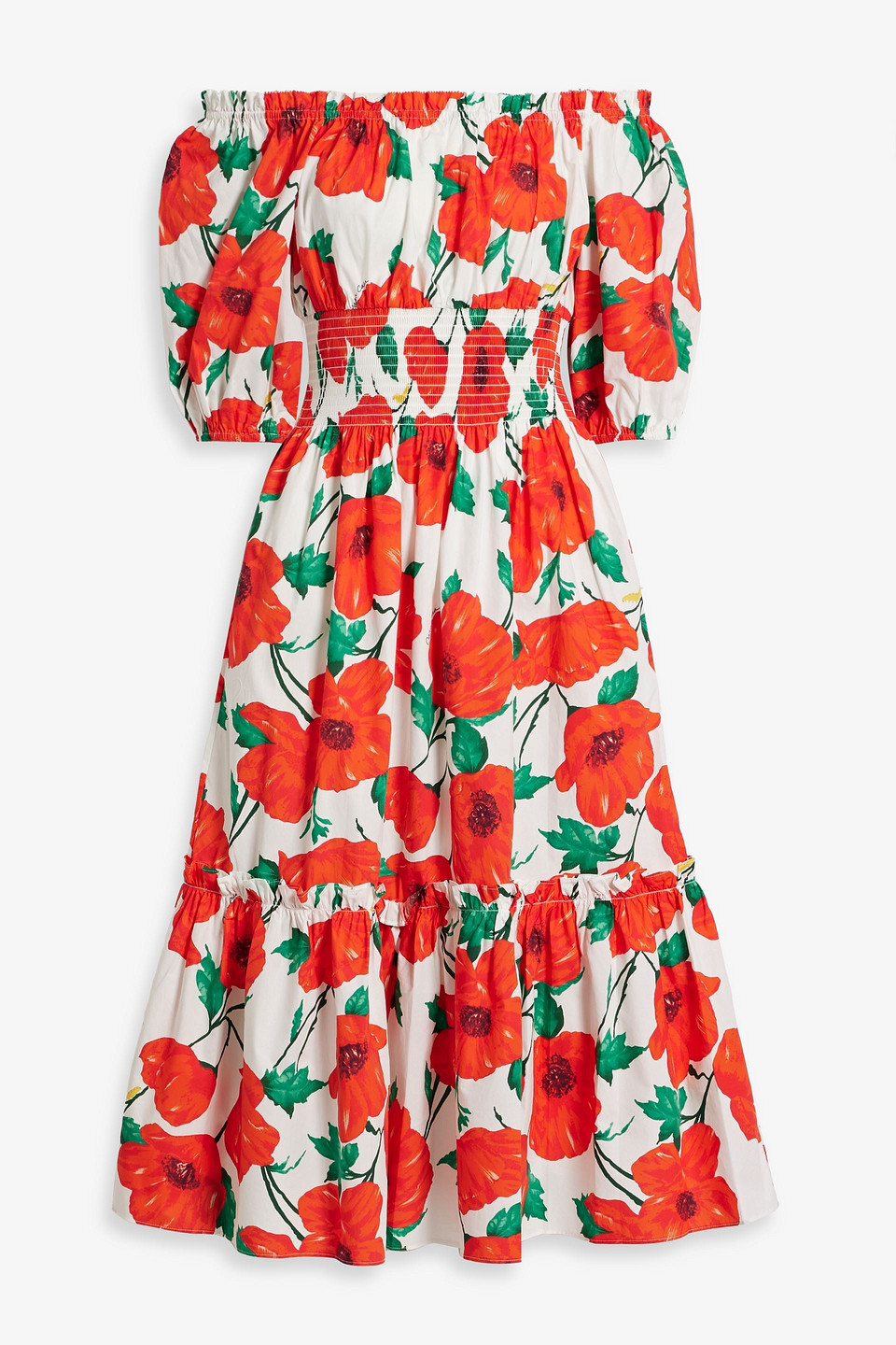 Cara Cara Off-the-shoulder Floral-print Cotton-poplin Midi Dress In Tomato Red