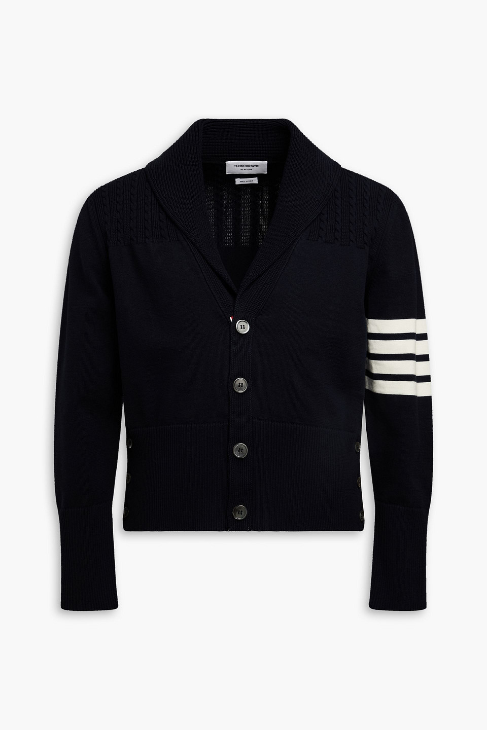 Thom Browne Jersey Stitch Relaxed Fit V Neck Cardigan In Fine Merino Wool With 4 Bar Stripes In Navy