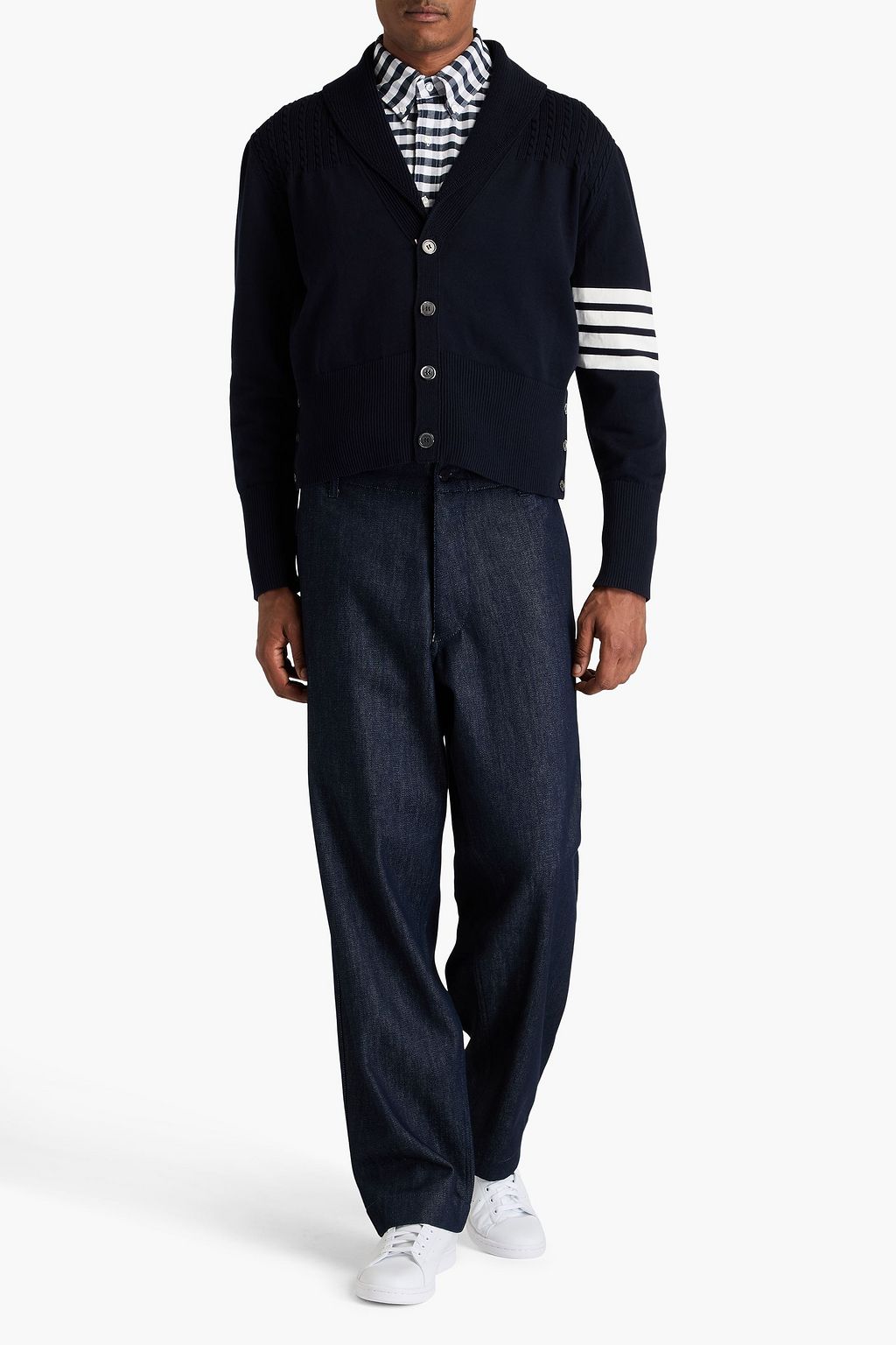 THOM BROWNE Gestreifter Cardigan aus Baumwolle mit Zopfstrickmuster