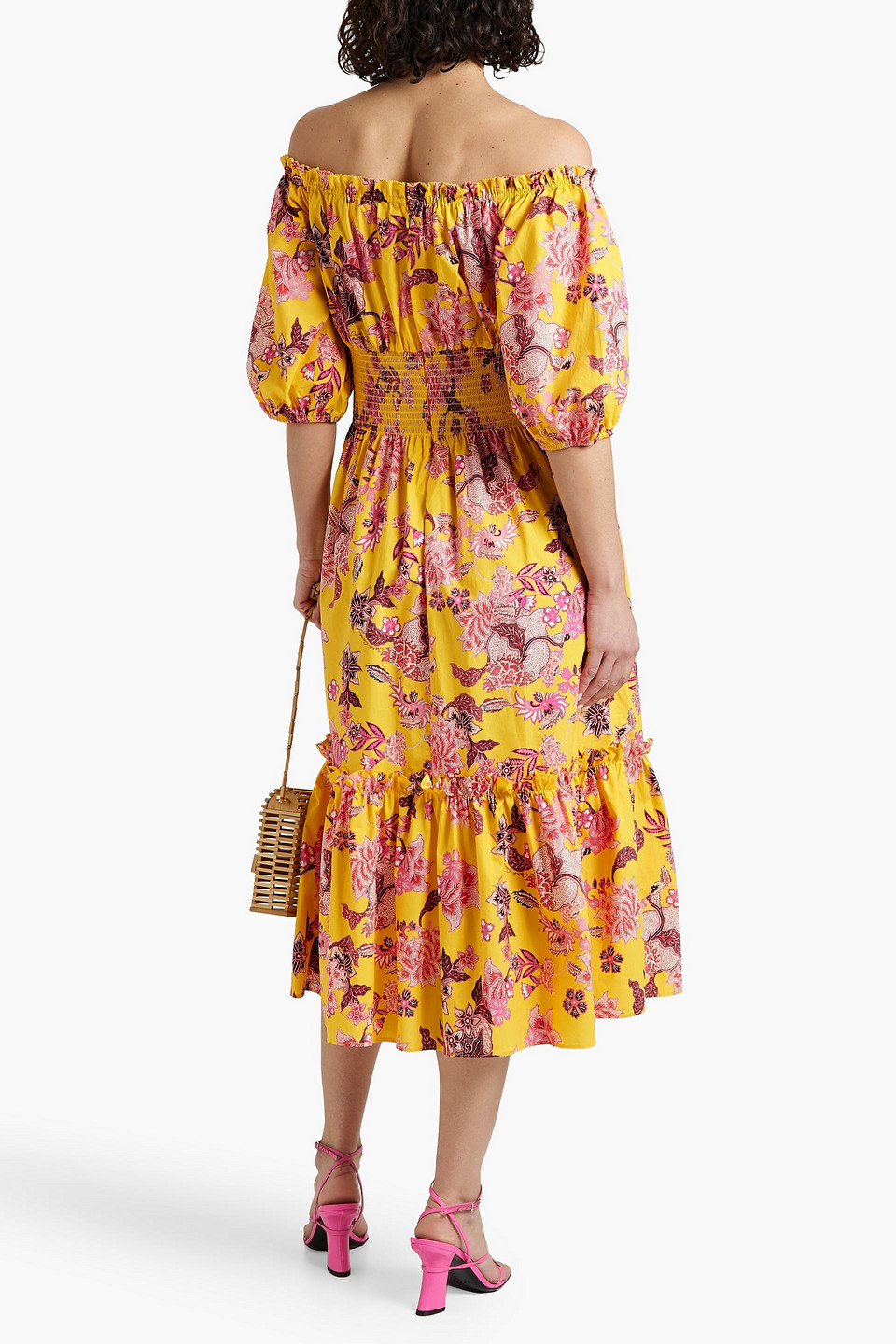 Shop Cara Cara Mimi Off-the-shoulder Floral-print Cotton-poplin Midi Dress In Yellow