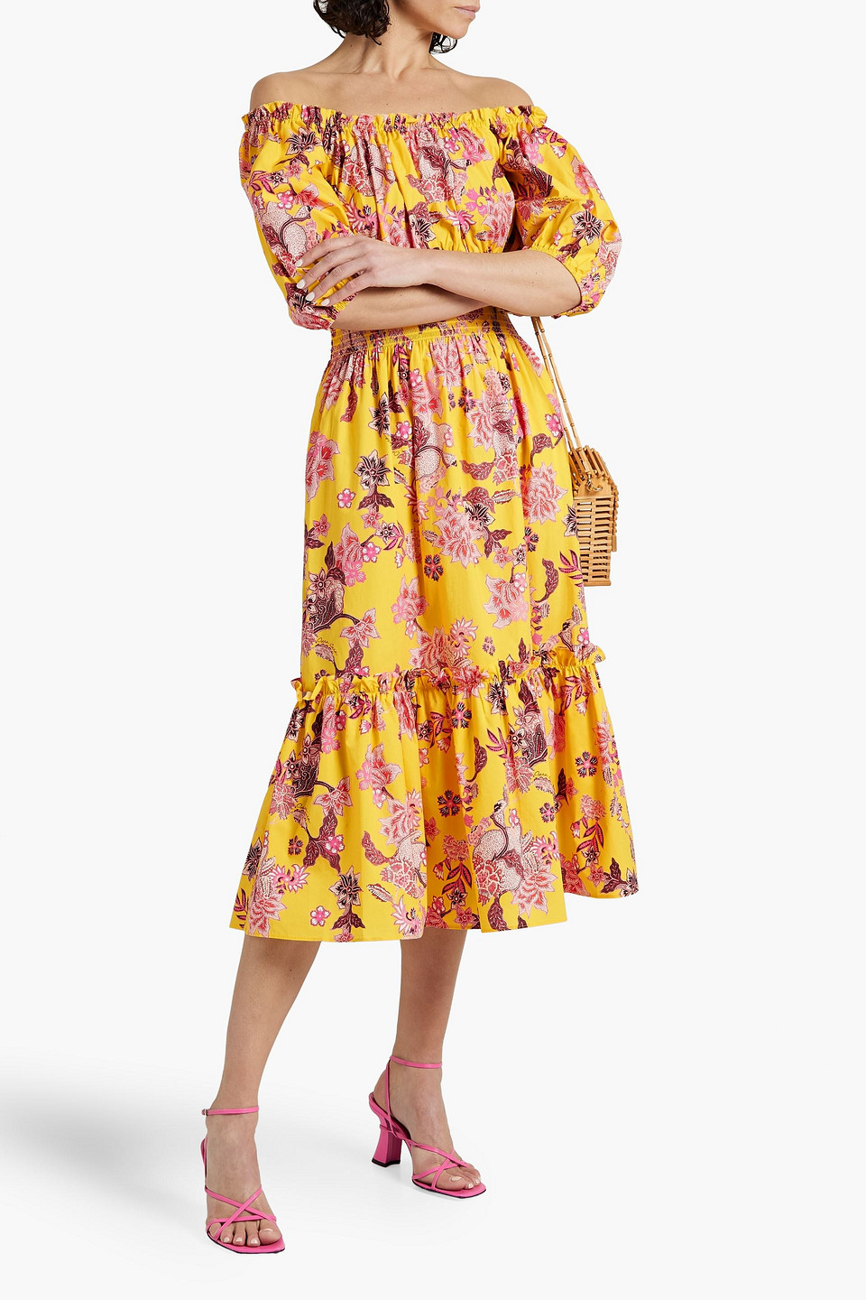 Shop Cara Cara Mimi Off-the-shoulder Floral-print Cotton-poplin Midi Dress In Yellow