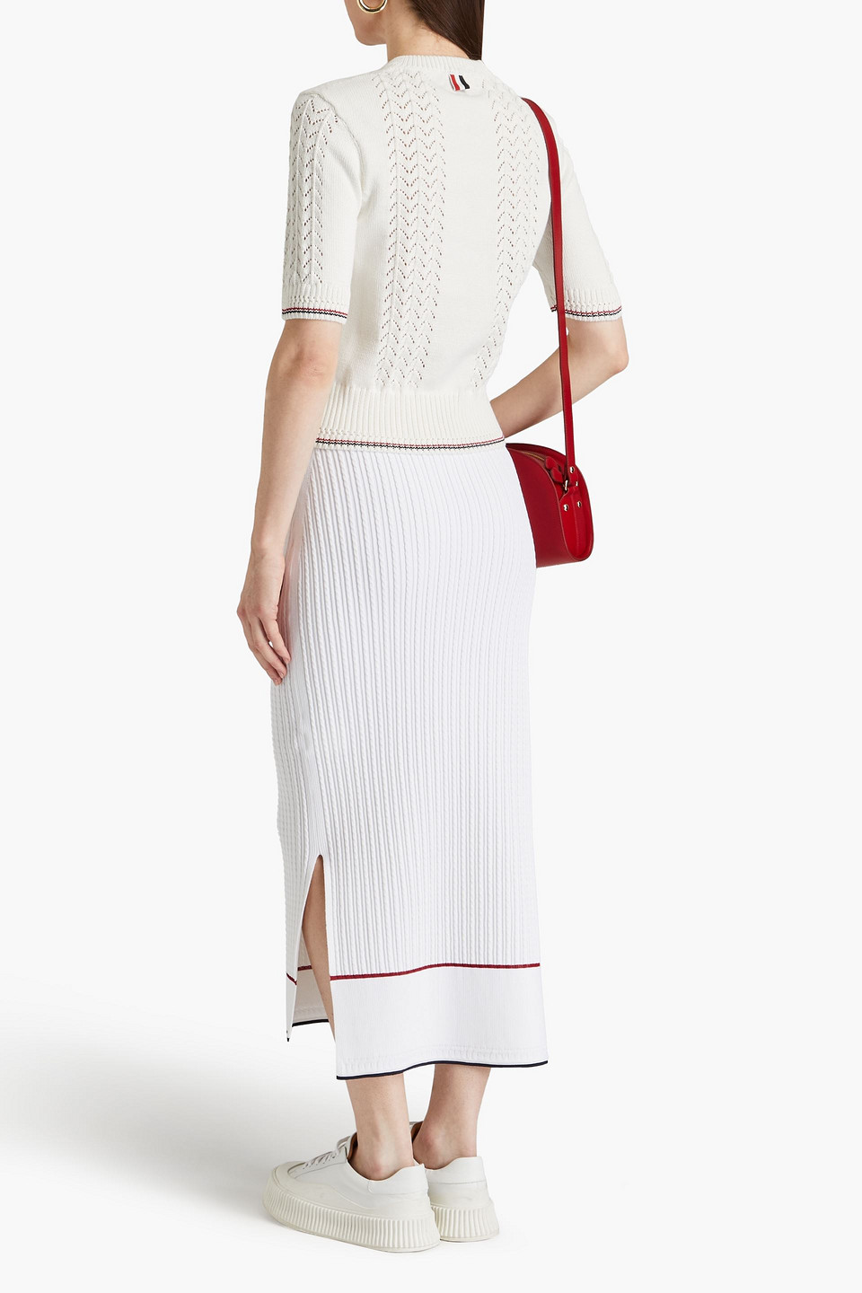 Shop Thom Browne Striped Cable-knit Midi Skirt In White