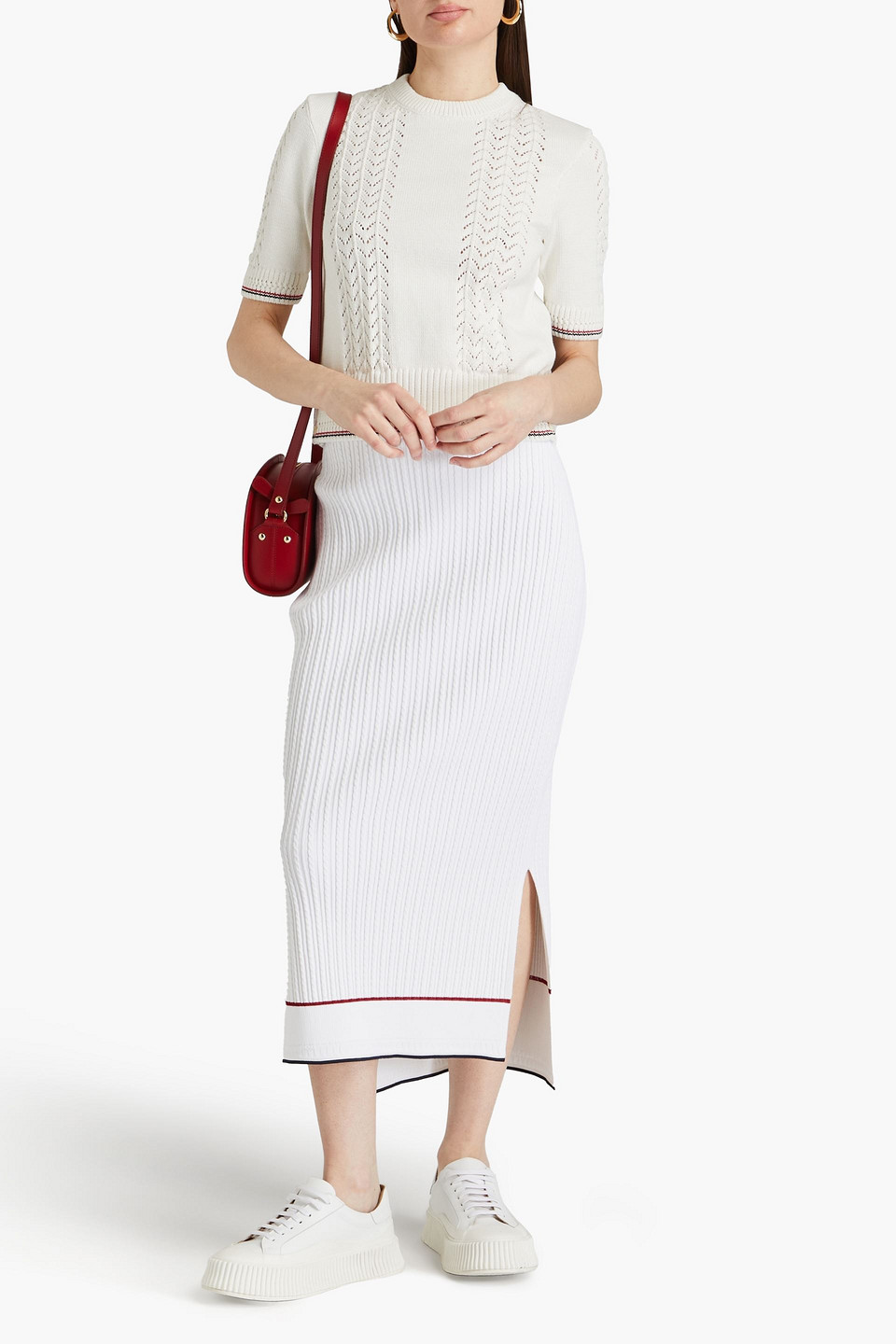 Shop Thom Browne Striped Cable-knit Midi Skirt In White