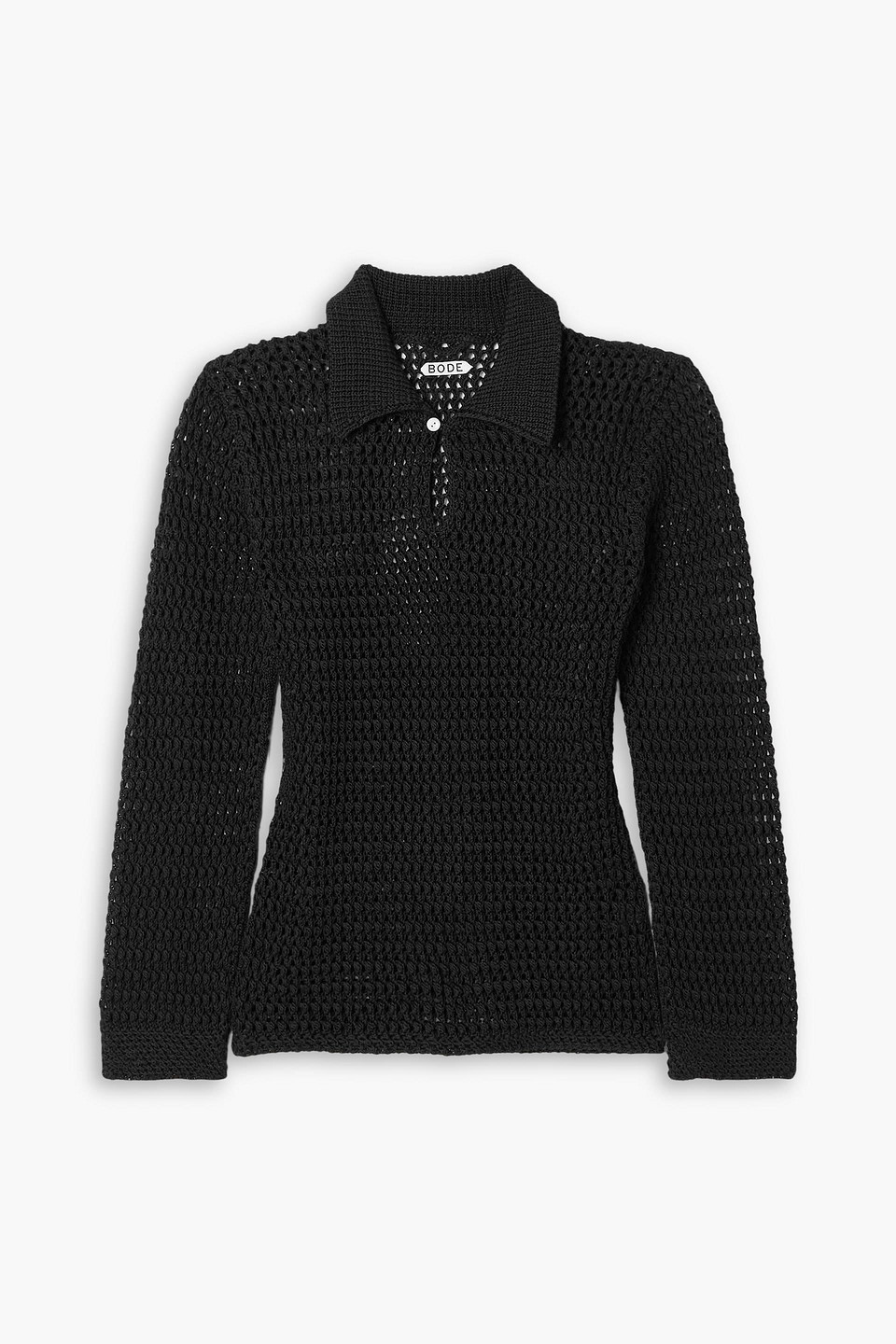 Bode Willows Crocheted Cotton Polo Sweater In Black