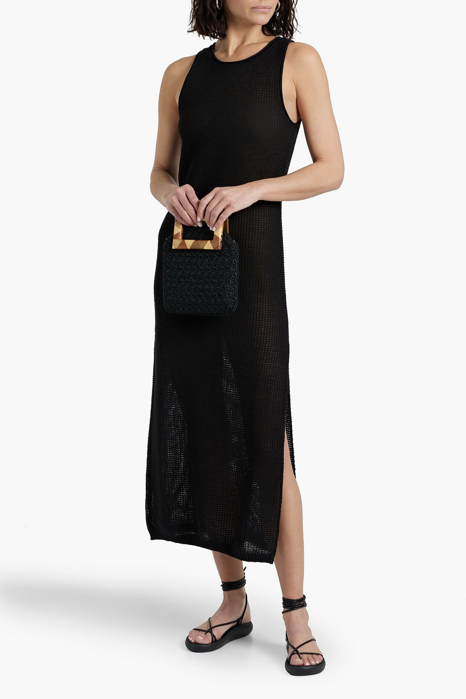 Shop Onia Open-knit Linen Midi Dress In Black