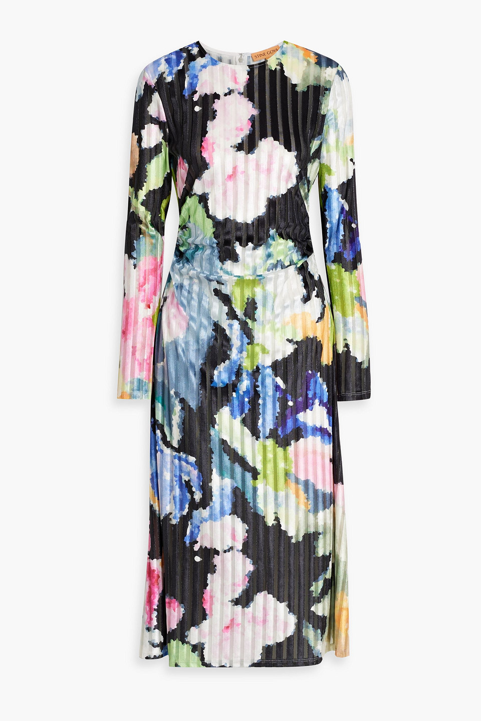 Shop Stine Goya Blackley Ruched Printed Devoré-velvet Midi Dress