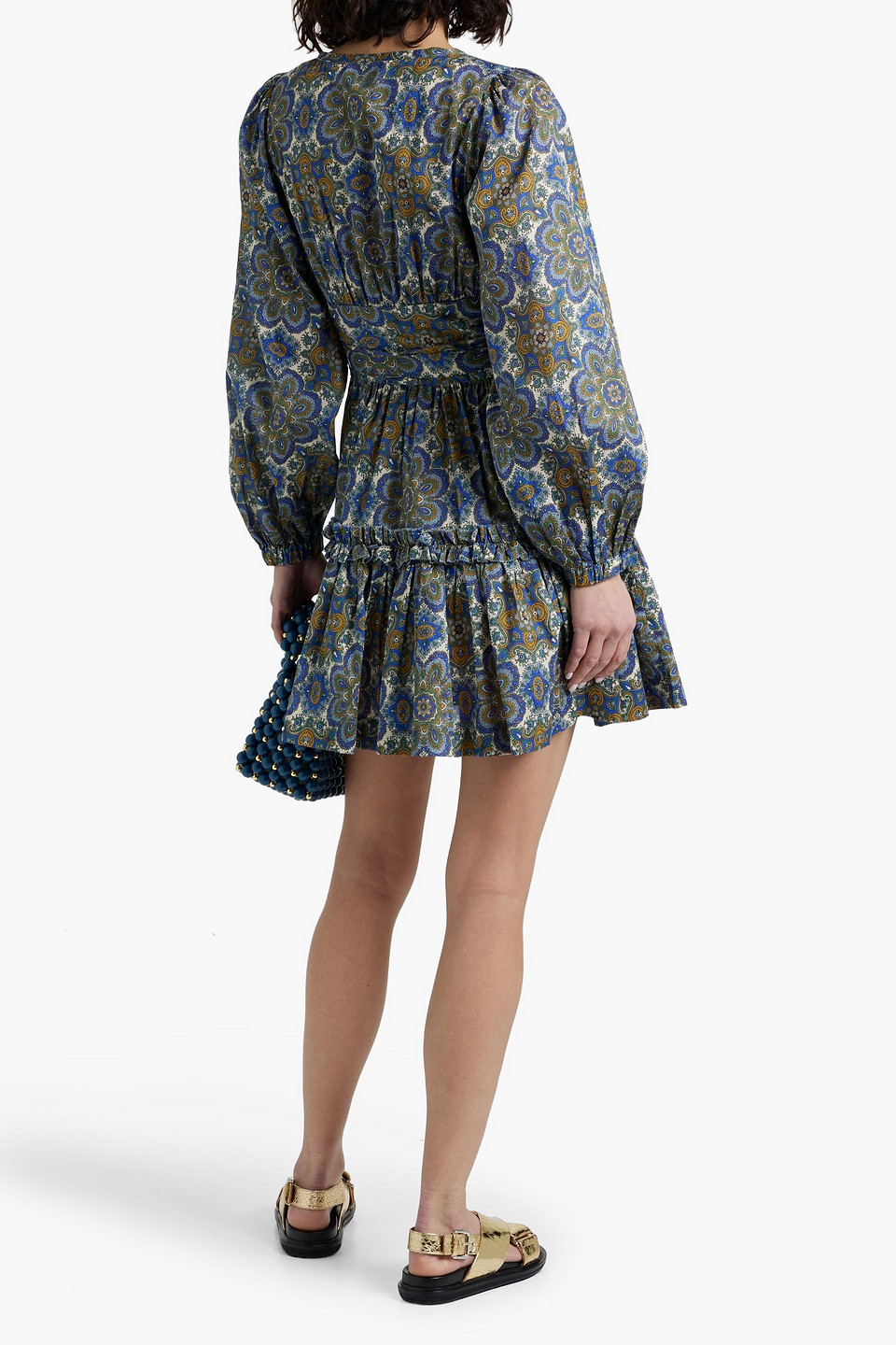 Shop Cara Cara Harper Gathered Printed Cotton Mini Dress In Blue