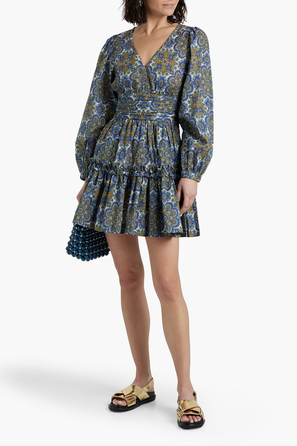 Shop Cara Cara Harper Gathered Printed Cotton Mini Dress In Blue