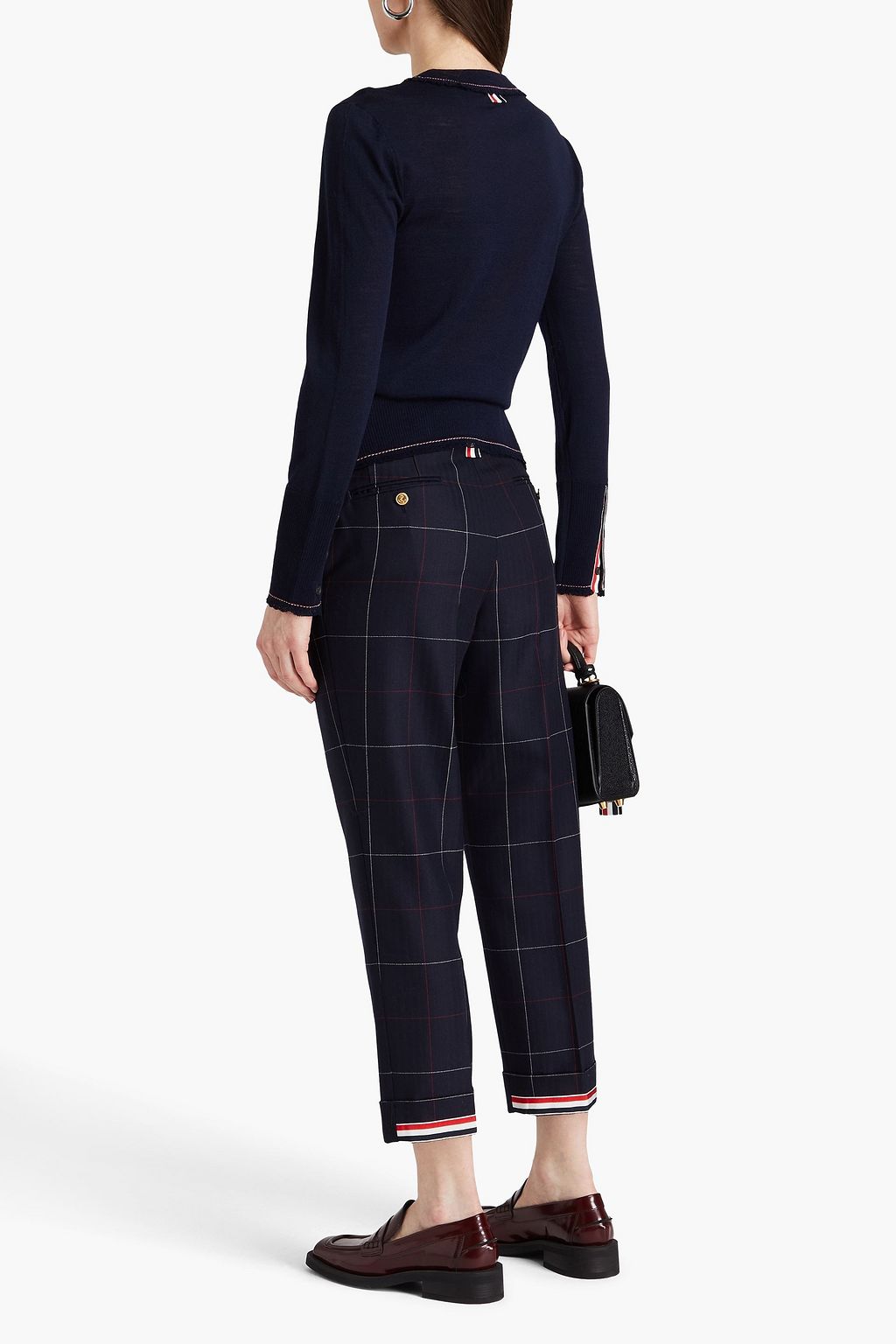 THOM BROWNE بنطال قصير بأرجل ضيقة من صوف جاكار مزين بنقشة مربعات