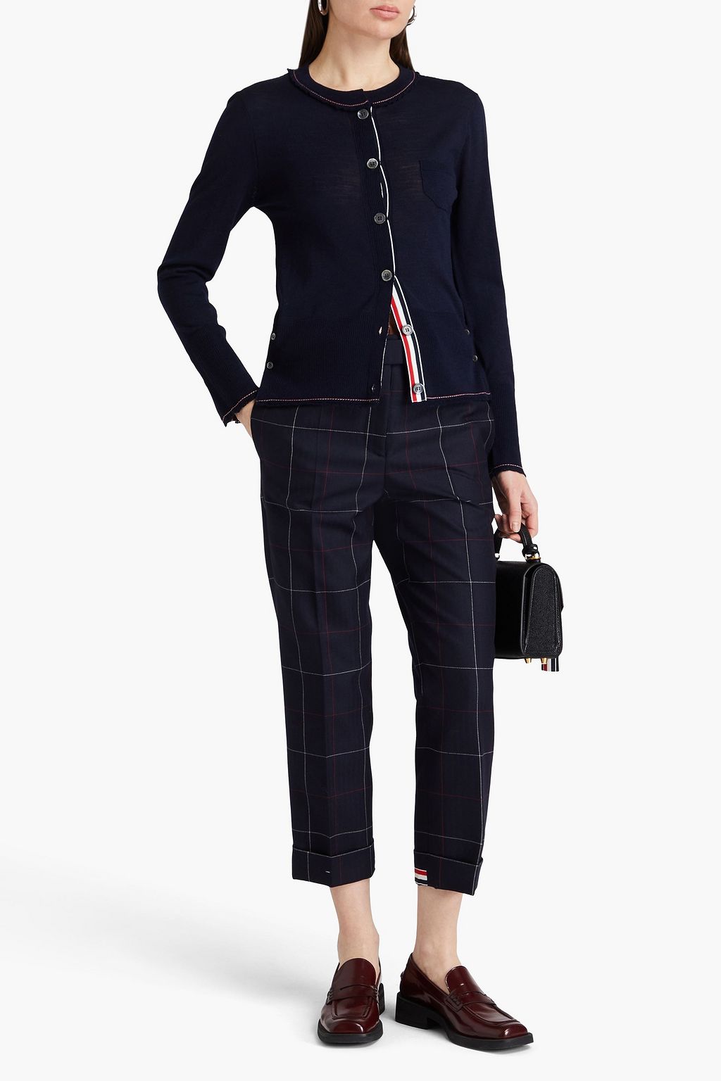 THOM BROWNE بنطال قصير بأرجل ضيقة من صوف جاكار مزين بنقشة مربعات